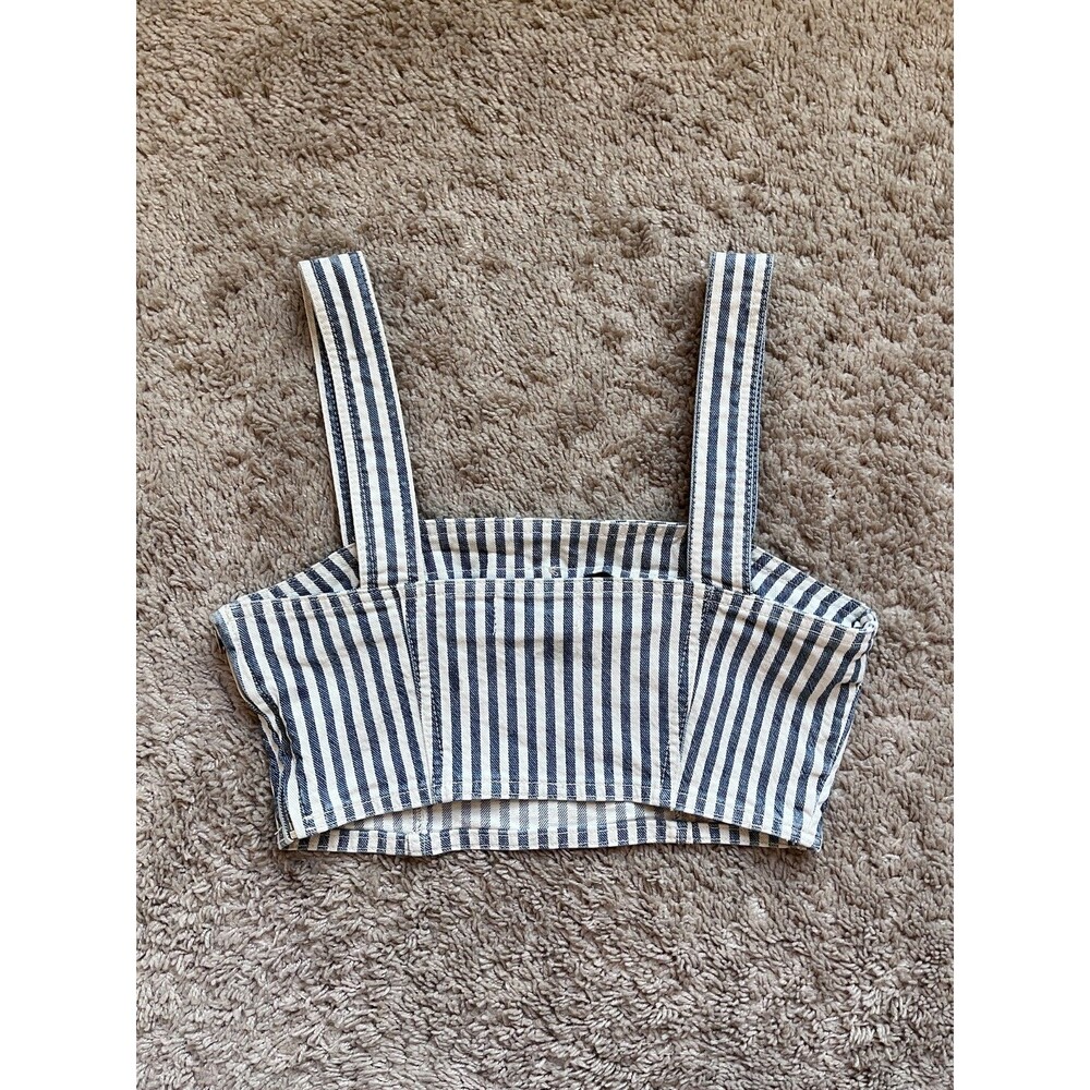 Zara Striped Denim Crop Top in Navy/Ivory Size MEDIUM - Picture 3 of 5